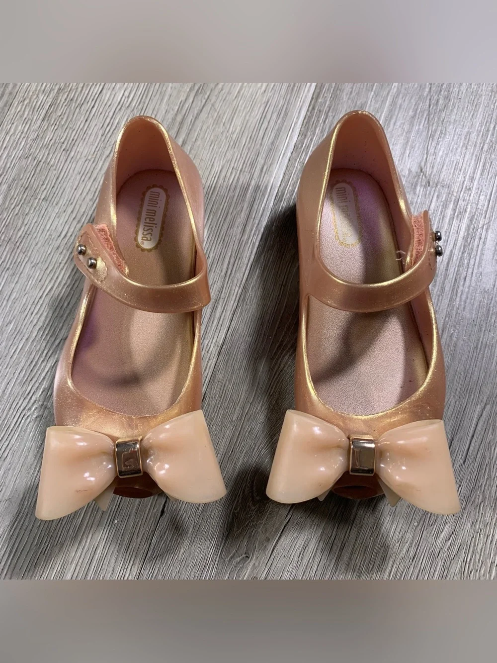 Mini Melissa Ultra Girl Pink Gold Glitter Peep Toe Mary Jane’s size 8